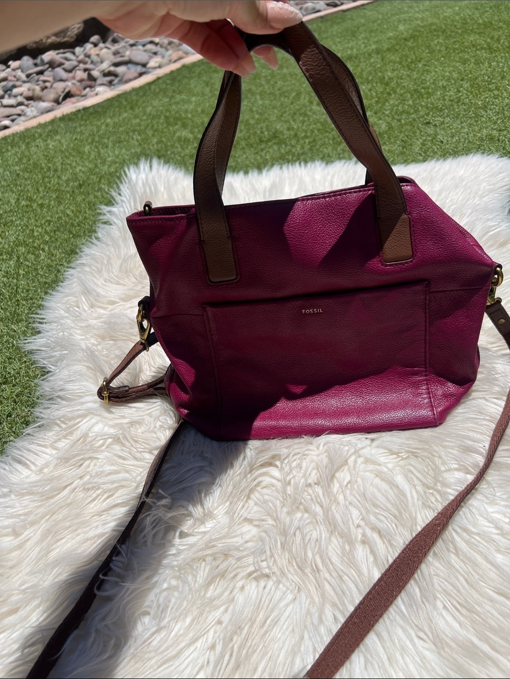 Fossil Magenta Leather Shoulder Bag with Brown Handles